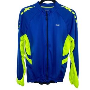 ARSUXEO Cycling Jersey Mens L Blue Neon Yellow Full Zip Long Sleeve Rear Pockets